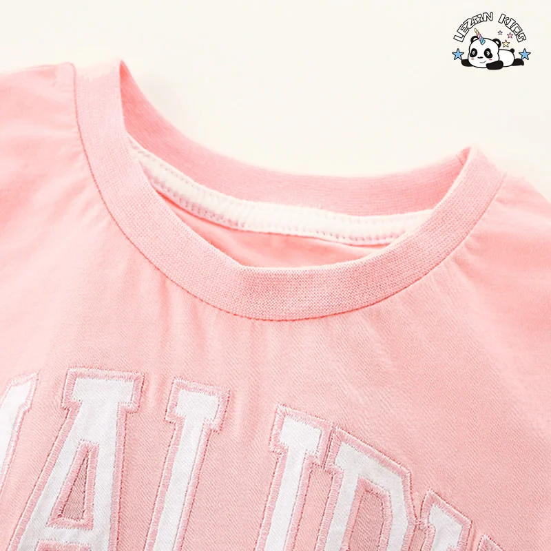 LEZONKIDS - Conjunto Infantil de Estampa de Letra Fashion para Meninas Pequenas Rosa com Etiqueta Privada Personalizada para Crianças de 2-14 Anos